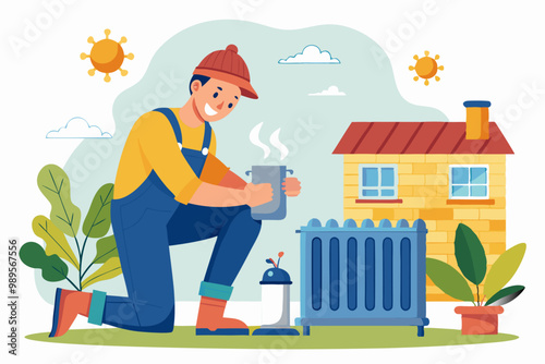  Ilustración de un trabajador arrodillado frente a un radiador de calefacción al aire libre, tomando un descanso con un termo de bebida caliente.