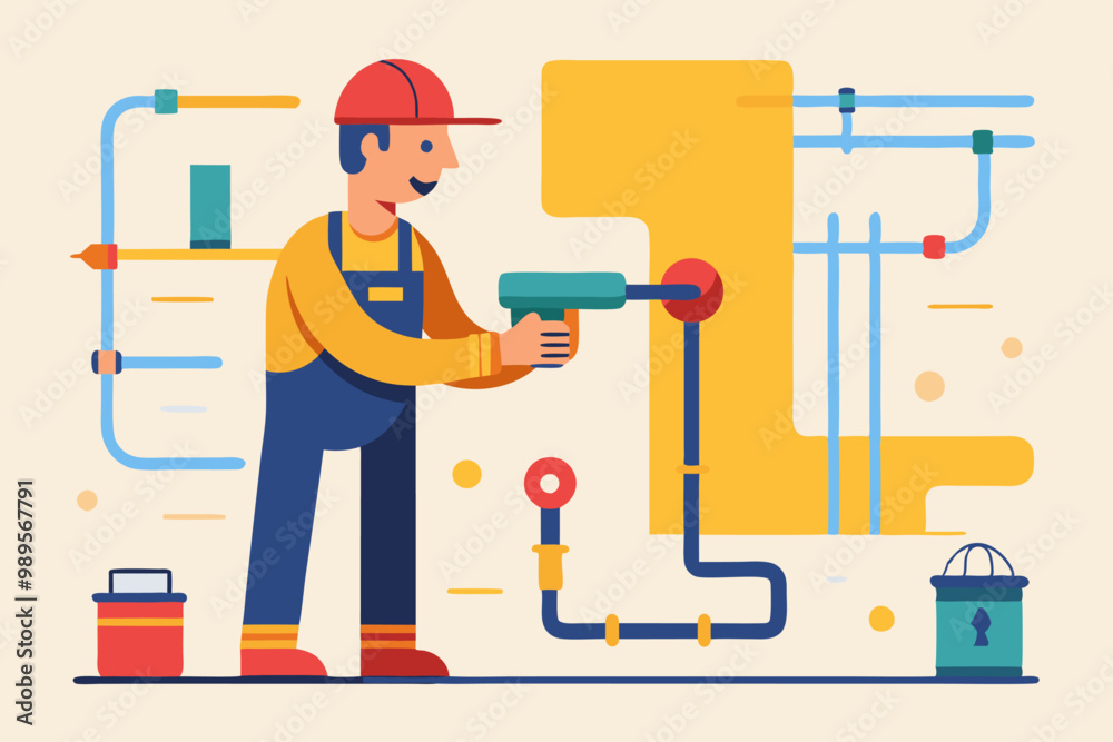 Ilustración de un técnico reparando un sistema de calefacción, trabajando con tuberías y usando herramientas especializadas. Ilustración de un técnico reparando un sistema de calefacción, trabajando con tuberías y usando herramientas especializadas.