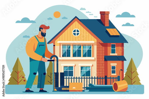 Ilustración de un trabajador de mantenimiento, en el exterior de una casa, realizando trabajos relacionados con el sistema de calefacción o tuberías. La casa está rodeada de árboles y tiene un aspecto