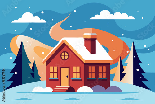 lustración de una casa rural cubierta de nieve en un bosque, con humo saliendo de la chimenea y un cielo colorido en el fondo.