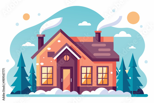 Casa rural con chimeneas encendidas en un entorno invernal con árboles cubiertos de nieve y colinas al fondo.