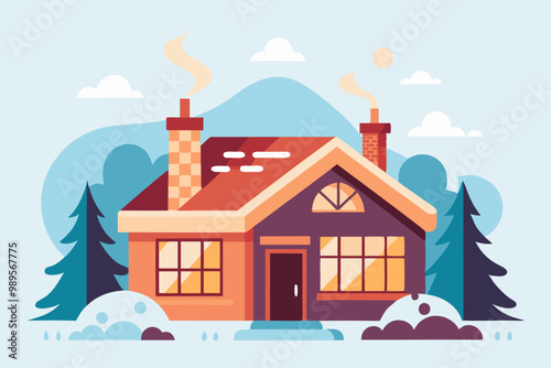 Casa rural con chimeneas encendidas en un entorno invernal con árboles cubiertos de nieve y colinas al fondo.