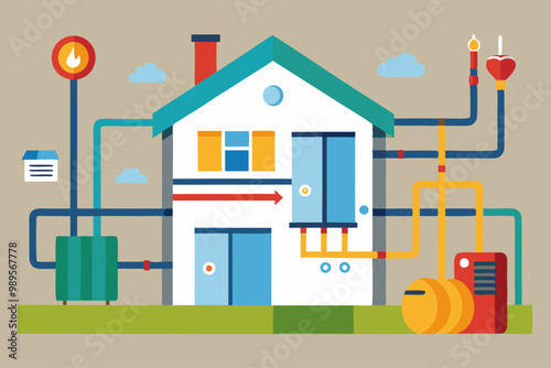  Ilustración técnica de un sistema de calefacción residencial, con tuberías conectadas a diversos equipos como tanques y calderas.