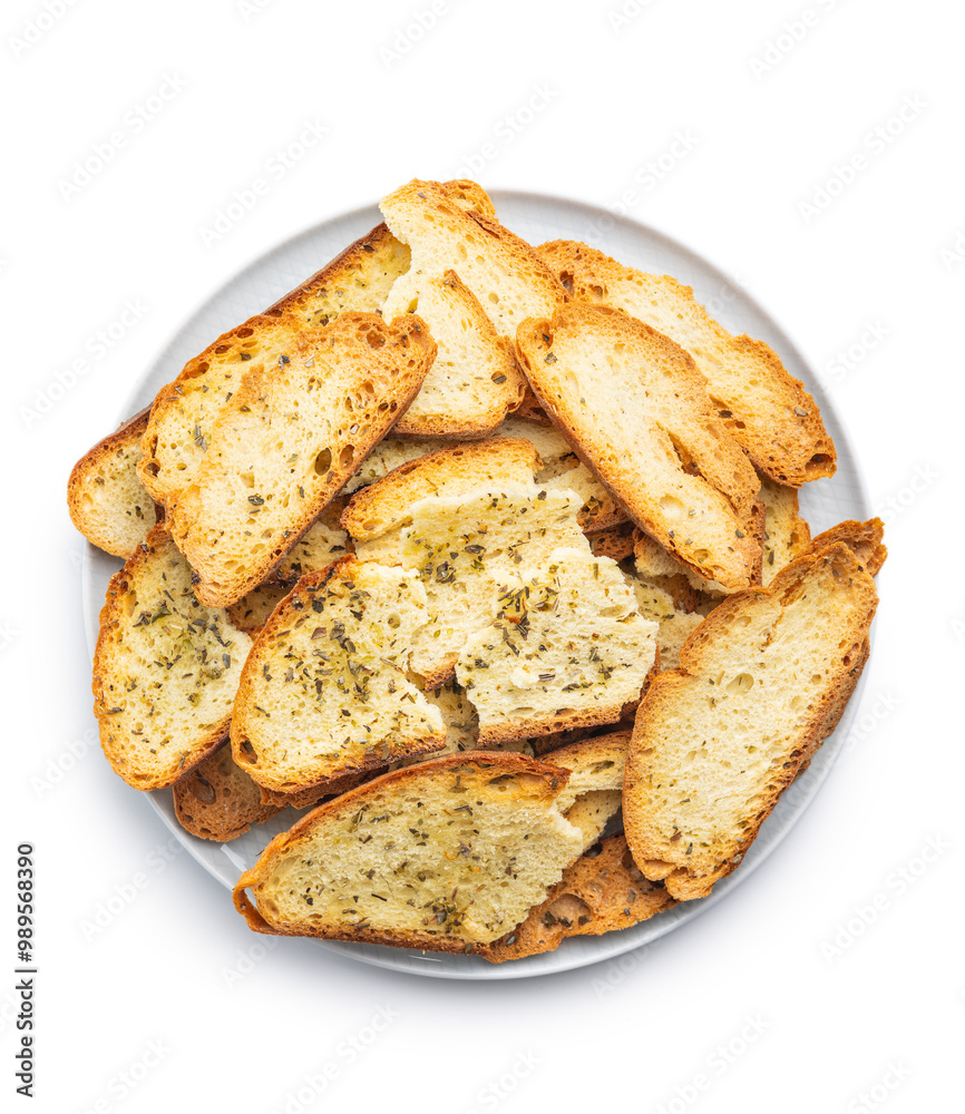 Crispy roasted bruschetta bread isolated on white background. Crispy roasted bruschetta bread isolated on white background.