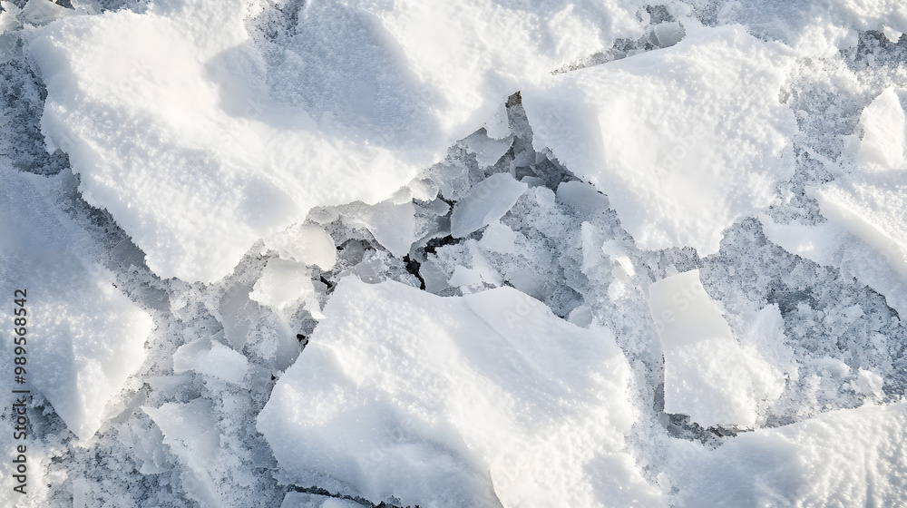 A close-up of the snow surface after an avalanche has passed with cracks debris and chunks of ice scattered across the landscape.