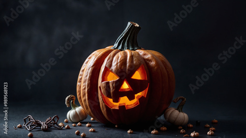 Glowing Jack-o'-Lantern  on dark backgorund, generative Ai