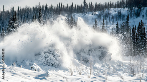 A distant view of an avalanche ripping through a snowy forest trees being uprooted and snow flying through the air.