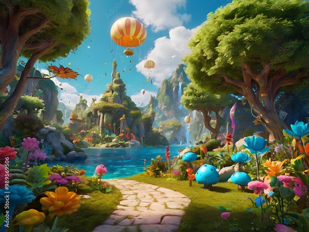 Obraz premium Whimsical Fantasy Landscape with Playful Creatures and Floating Islands