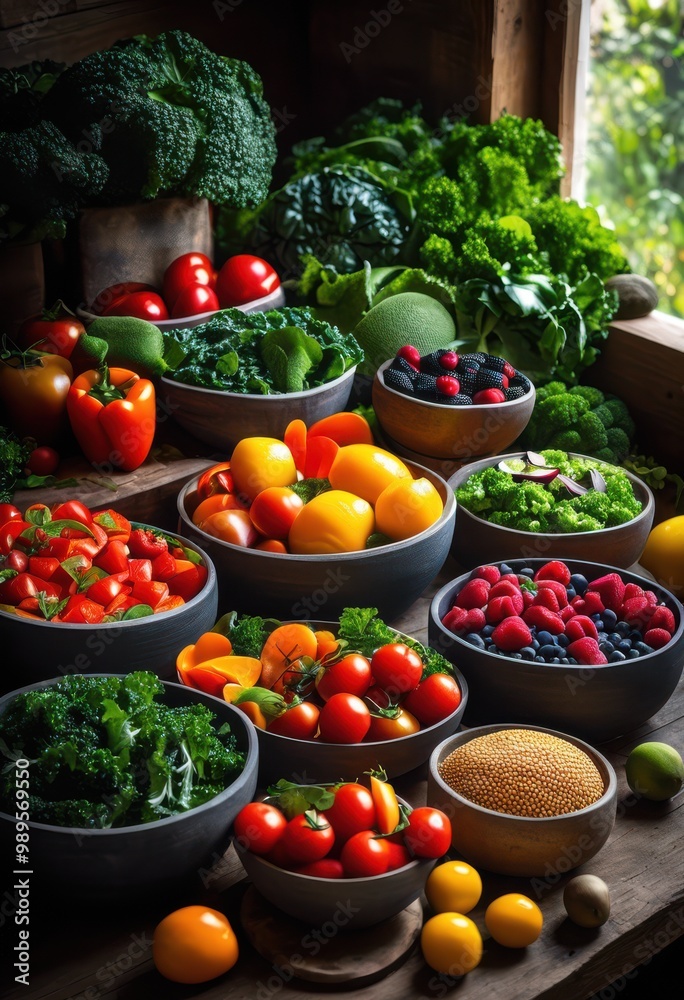 vibrant plant based meal prep display featuring colorful ingredients organic backdrop fresh vegetables fruits, appetizing, artistic, bowls, bright, cuisine vibrant plant based meal prep display featuring colorful ingredients organic backdrop fresh vegetables fruits, appetizing, artistic, bowls, bright, cuisine