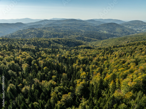 Beskid Maly aerial panorama of potrojna hill and czarny gron.Little Beskids mountain range in summer.Aerial drone view of Rzyki Village in Beskid Maly Poland.Czarny gron ski resort in Rzyki. photo