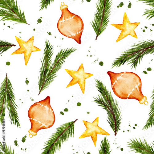 Colorful watercolor seamless pattern with holiday ornaments, stars, and pine on white