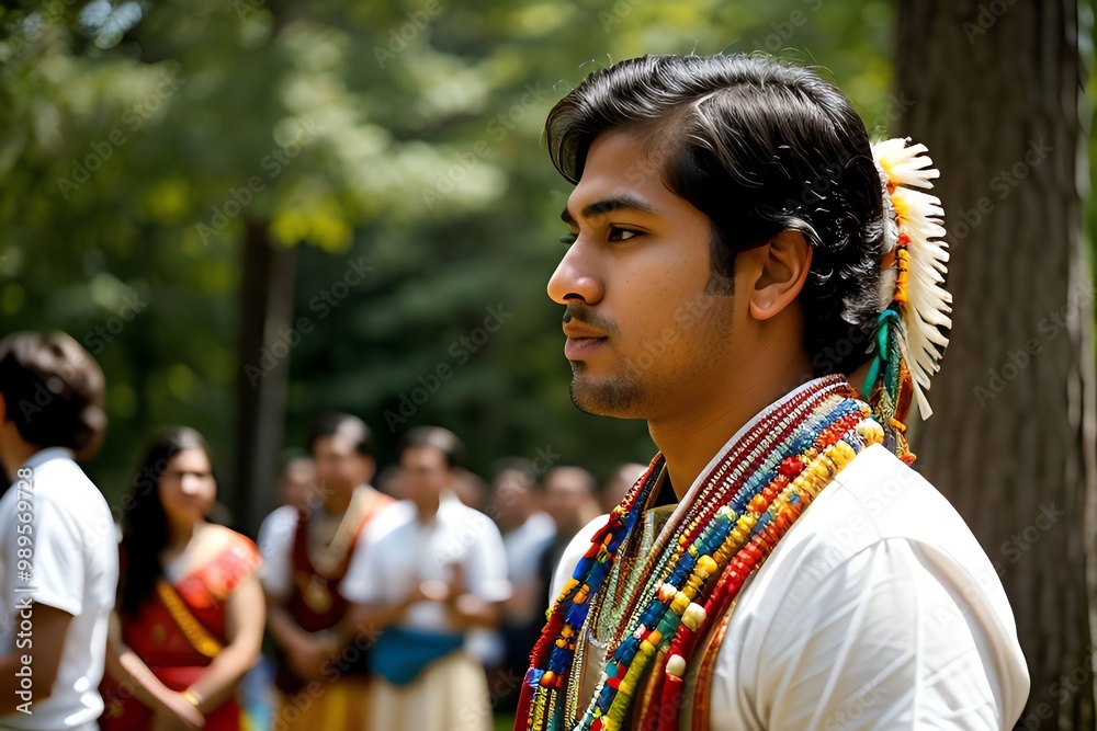 Indian American man participating in a cultural gathering within his tribe, dressed in traditional attire, featuring vibrant colors and intricate patterns, adorned with feathers and beadwork Indian American man participating in a cultural gathering within his tribe, dressed in traditional attire, featuring vibrant colors and intricate patterns, adorned with feathers and beadwork