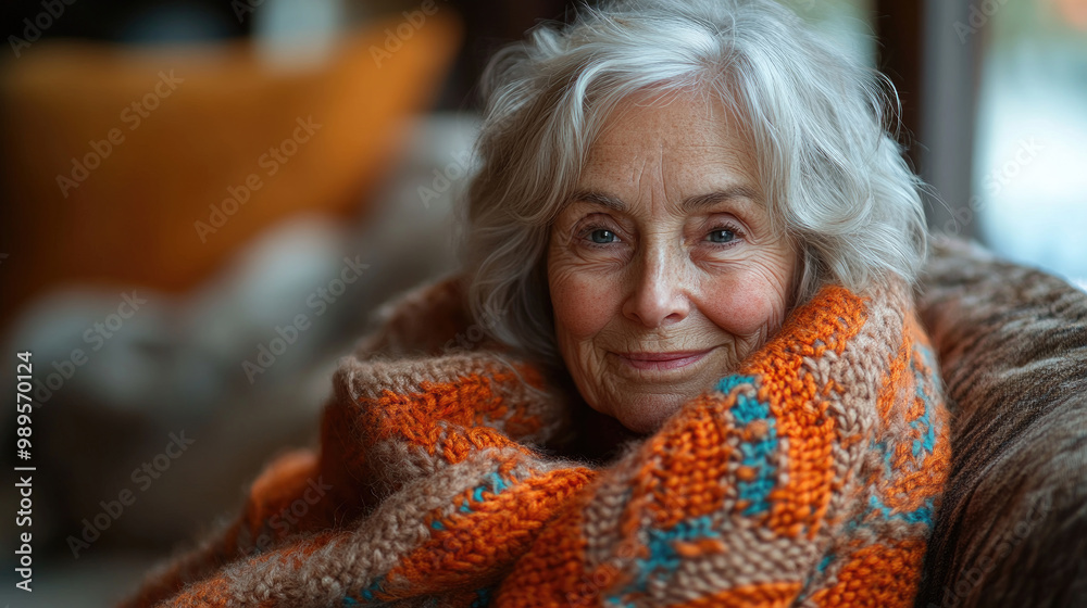 An elderly woman enjoys a quiet evening indoors, wrapped in a colorful knitted blanket, exuding warmth and contentment An elderly woman enjoys a quiet evening indoors, wrapped in a colorful knitted blanket, exuding warmth and contentment