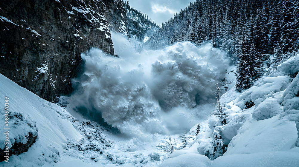 An avalanche sweeping through a mountain pass with snow forming massive waves as it rushes downhill filling the narrow gorge.