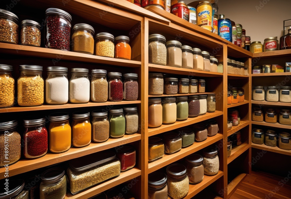 colorful neatly arranged pantry shelves showcasing variety food items including canned spices, accessories, arrangement, baking, boxes, bottles, bulk colorful neatly arranged pantry shelves showcasing variety food items including canned spices, accessories, arrangement, baking, boxes, bottles, bulk