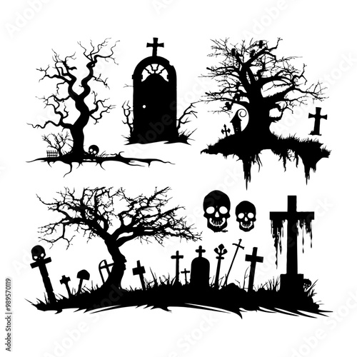 Silhouette graveyard with a gate and a cemetery with two skulls. Halloween scenes. Vector illustration