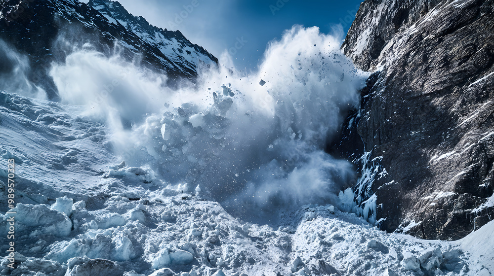 An avalanche tumbling down a glacier with huge chunks of ice and snow breaking off and crashing into the valley below.