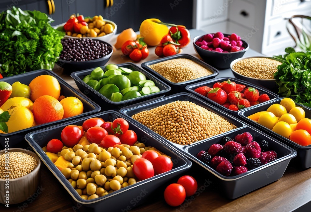 colorful nutritious meal prep display featuring fresh protein options healthy lifestyle, food, setup, vibrant, ingredients, meals, dishes, vegetables, fruits colorful nutritious meal prep display featuring fresh protein options healthy lifestyle, food, setup, vibrant, ingredients, meals, dishes, vegetables, fruits