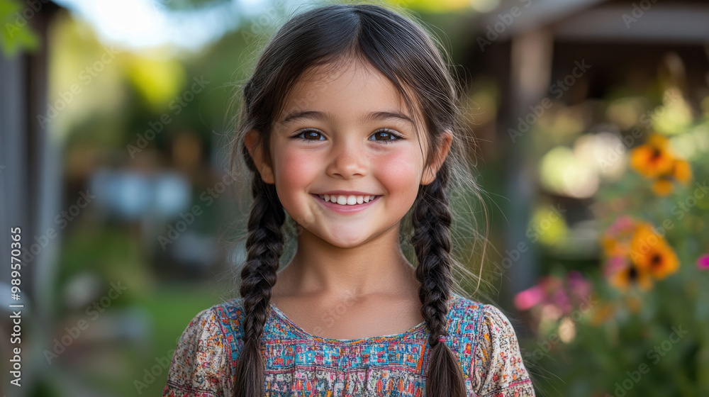 A cheerful girl with braided hair smiles brightly in a lush garden, surrounded by blooming flowers and greenery on a sunny day