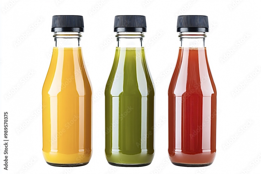 Three glass bottles filled with colorful fruit and vegetable juices, capped with black lids, stand against a clean white backdrop