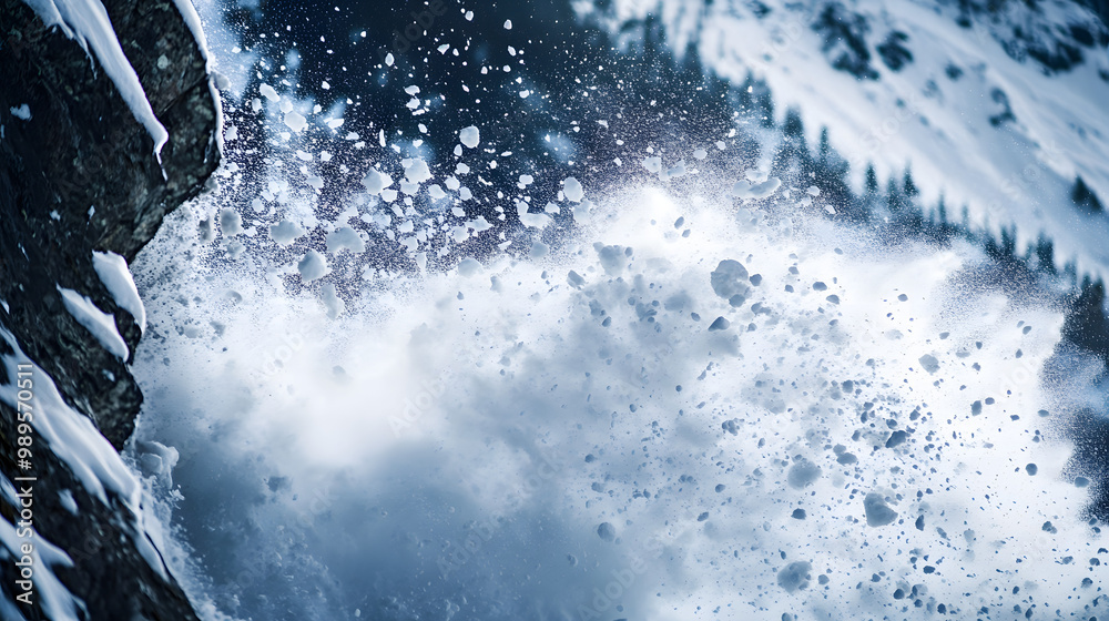 A close-up of an avalanche as it bursts over a cliff snow exploding into the air as it crashes down into the valley below.