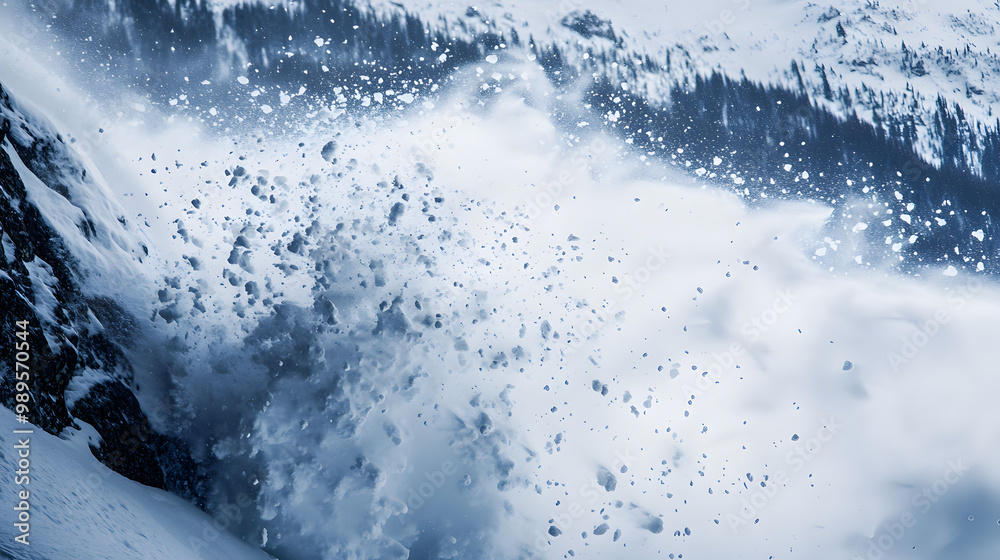 A close-up of an avalanche as it bursts over a cliff snow exploding into the air as it crashes down into the valley below.