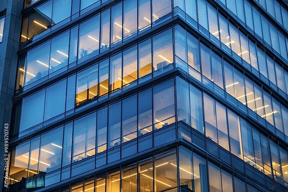 This image shows a modern glass office building exterior reflecting the twilight sky, with interior lights illuminating empty offices This image shows a modern glass office building exterior reflecting the twilight sky, with interior lights illuminating empty offices