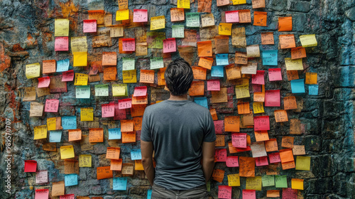 A person stands thoughtfully in front of a vibrant wall covered in sticky notes, reflecting on the displayed messages and ideas photo