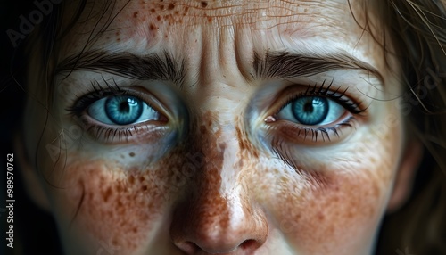 Intense Blue Eyes and Freckles: A Close-Up Portrait of a Womans Worried Expression Capturing Raw Emotion and Intricate Detail