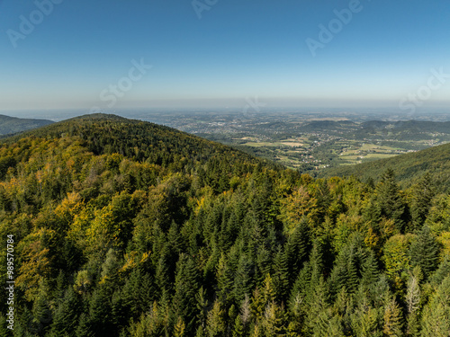 Beskid Maly aerial panorama of potrojna hill and czarny gron.Little Beskids mountain range in summer.Aerial drone view of Rzyki Village in Beskid Maly Poland.Czarny gron ski resort in Rzyki.