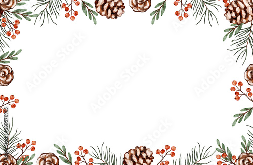 Watercolor Christmas winter decorative frame featuring pinecones, berries, and greenery, copy space