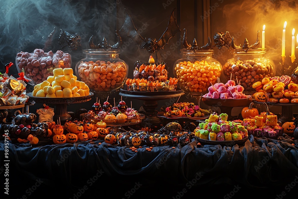 Halloween candy table arranged with spooky treats and sweets under dark, draped lighting. Halloween candy table arranged with spooky treats and sweets under dark, draped lighting.