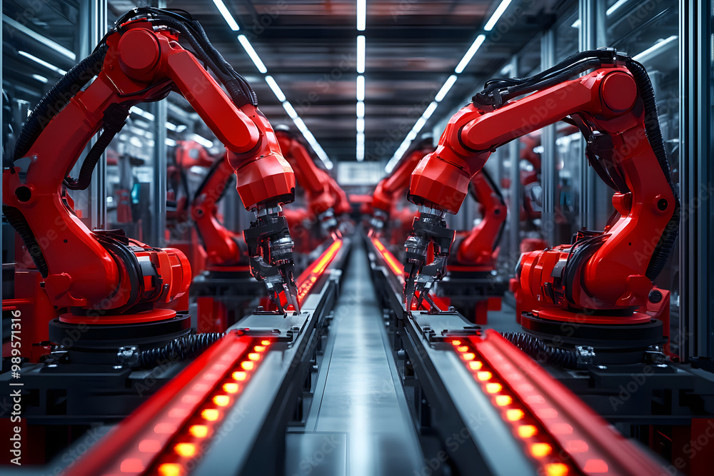 Fototapeta premium The robotic assembly line with red robotic arms is advanced and ensures automated production processes for maximum efficiency in the factory setting