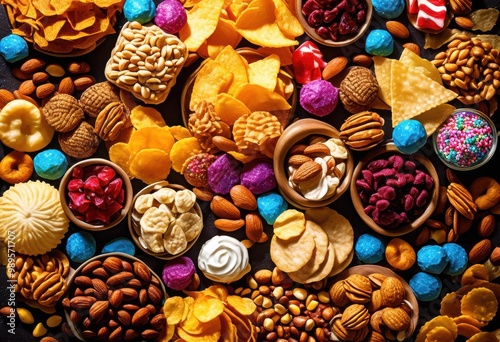 vibrant close irresistible snack assortment featuring colorful crunchy savory sweet delights, snacks, treats, nuts, chips, variety, food, platter, selection photo