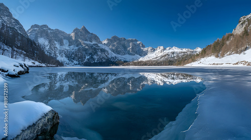 A quiet alpine lake partially frozen with snowy peaks reflecting in the icy water under a clear winter sky.