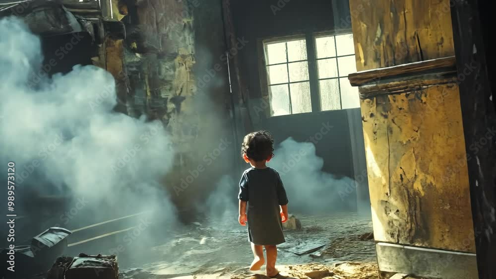 A young child stands in a smoke-filled room, their back to the camera, looking at a window with sunlight streaming through