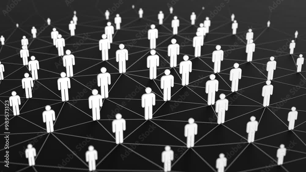 social network connecting people plexus 3d animation. Can be used to represent global digital communication, demography population growth or human resources cyberspace