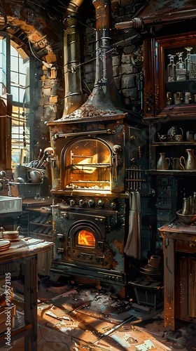 Rustic Kitchen with Vintage Stove and Brick Walls