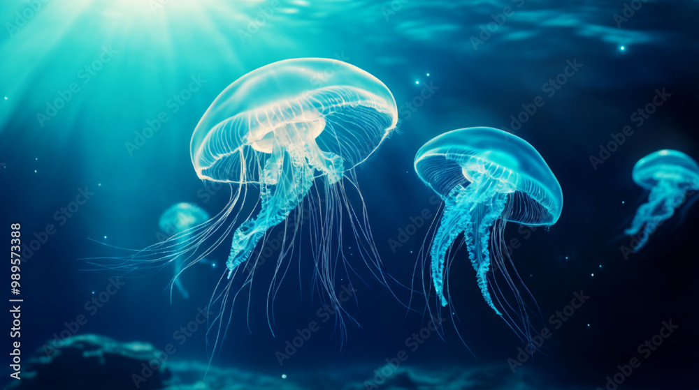 A group of jellyfish glides through clear ocean waters, illuminated by beams of sunlight filtering from above A group of jellyfish glides through clear ocean waters, illuminated by beams of sunlight filtering from above