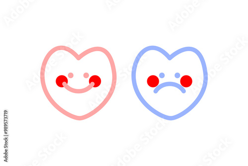 Happy and sad heart cartoon character outline set. Mental health, feeling, emotion, heart broken, pain concepts. Flat decorative vector design isolated illustration.