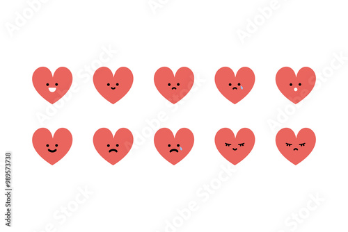 Different mood of red heart cartoon character set. Happy and sad hearts emoji facial expression. Flat decorative vector design isolated illustration. 