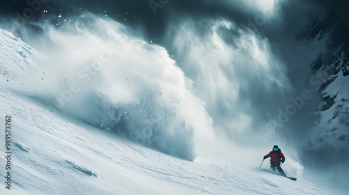 A skier narrowly escaping an avalanche as it thunders down a nearby slope the snow rushing past in a cloud of debris.