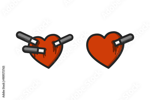 Stabbed bleeding red heart set. Feeling, emotion, heart broken, pain concepts. Colored outline decorative vector design isolated illustration.