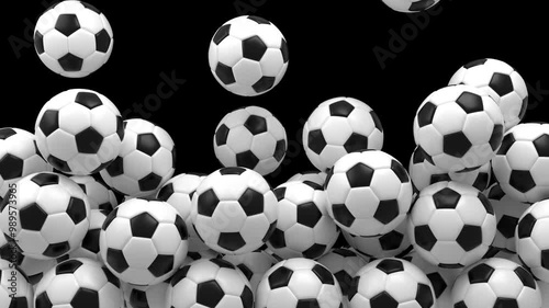 soccer balls falling sports background 3d animation. Can be used to represent world championship, motion graphics advertising or professional football match