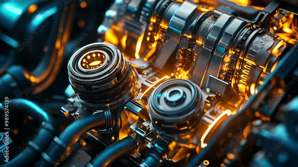 A close-up of a car engine with glowing orange light highlighting the intricate gears and components