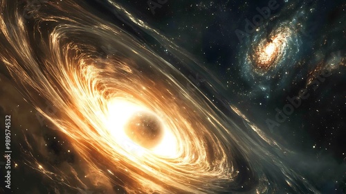 Neutron star with an accretion disk showing gravitational waves and dark matter with a dwarf galaxy and the Great Attractor in the background