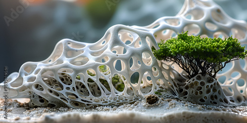 Organic 3D-Printed Structure with Plant Integration, Sustainable Architectural Design with Natural and 3D-Printed Elements, Top view of rings white background. Abstract composition white arch 