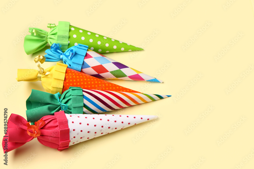 Colorful school cones on yellow background Colorful school cones on yellow background
