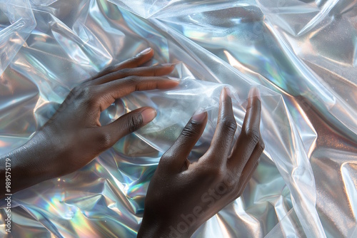 African american hands touching clear plastic sheet with rainbow reflections, symbolizing environmental impact and plastic waste issues, connected to Recycles Day photo