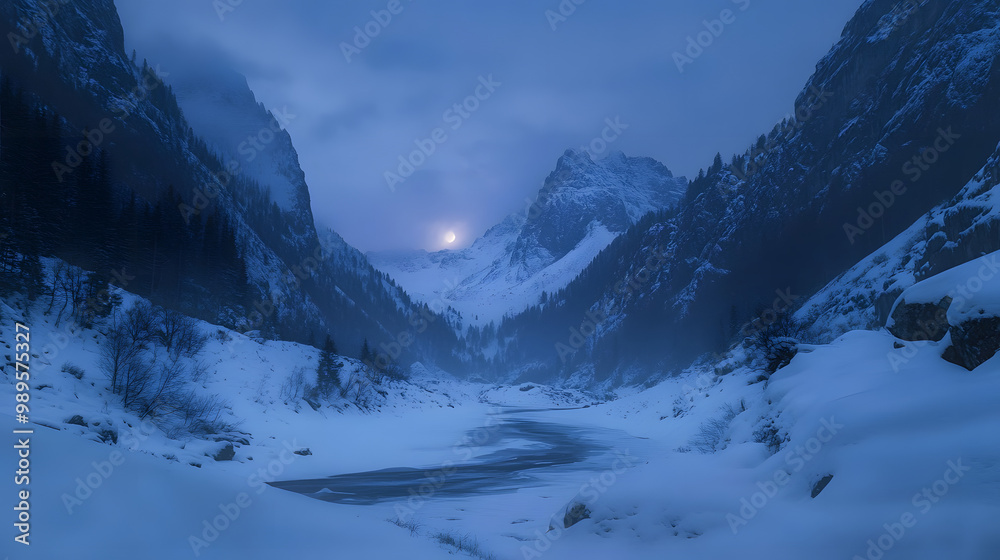 Fototapeta premium A snow-covered mountain valley illuminated by the soft glow of the moon with towering peaks on either side and a frozen river snaking through the valley floor.